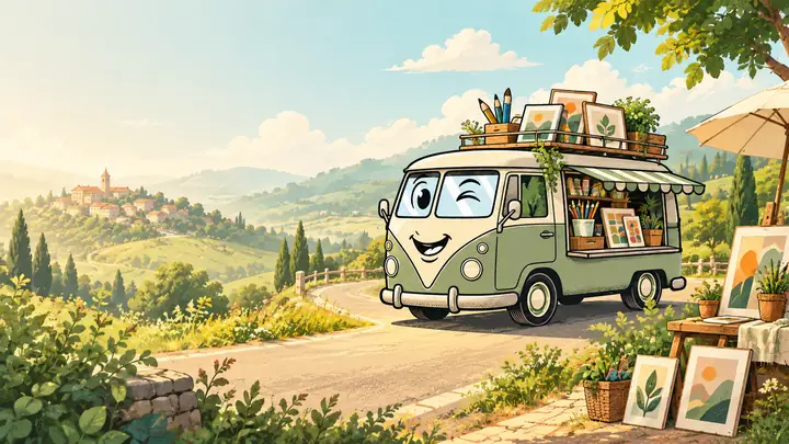 Breites, illustriertes Titelbild für eine Lebensmittelmarke mit einem freundlichen Lieferwagen und einer sanftgrünen Landschaft.